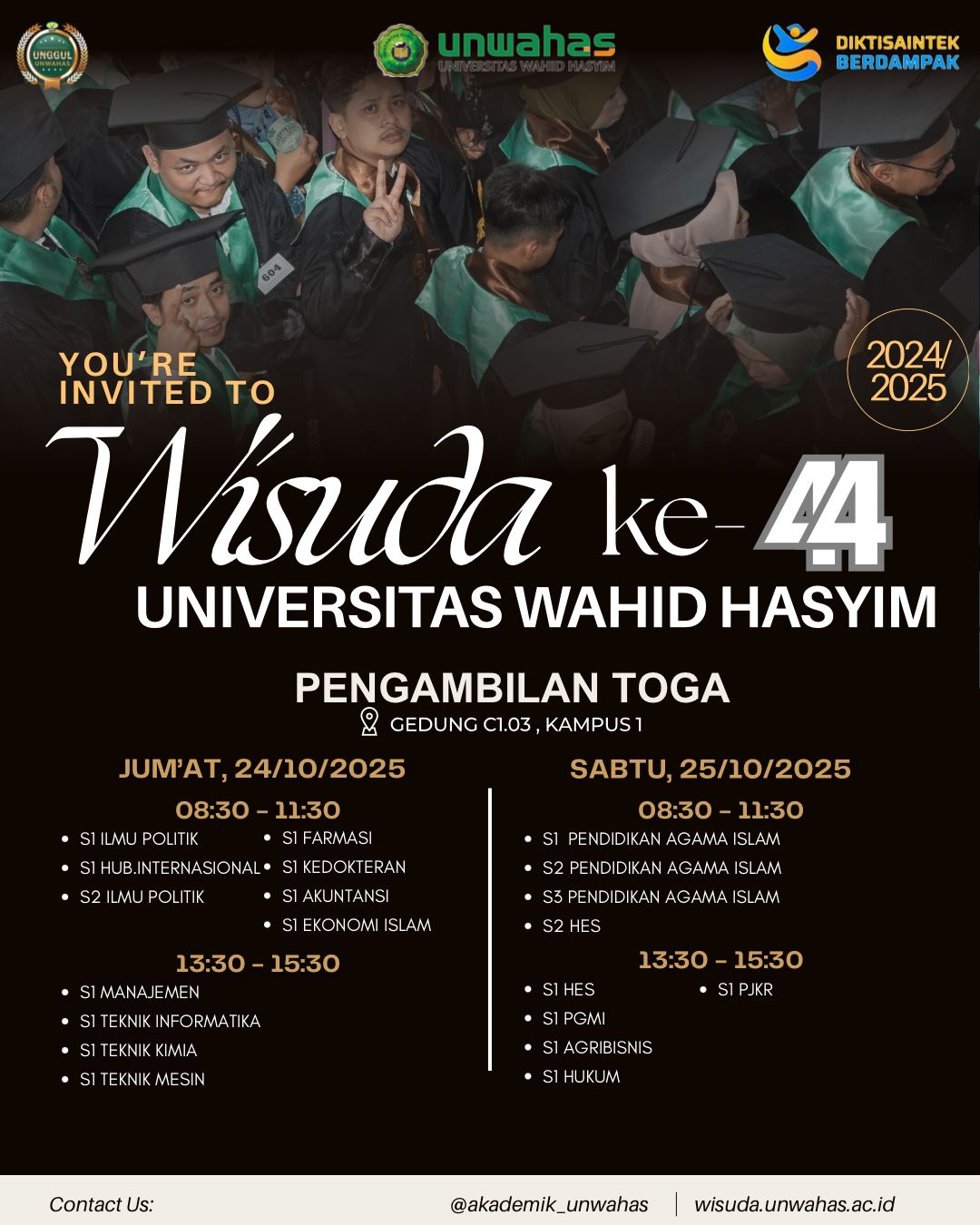 Info Wisuda ke 44 : Pengambilan Toga, Pelaksanaan Gladi Wisuda, Pembagian Sesi Wisuda ke 44