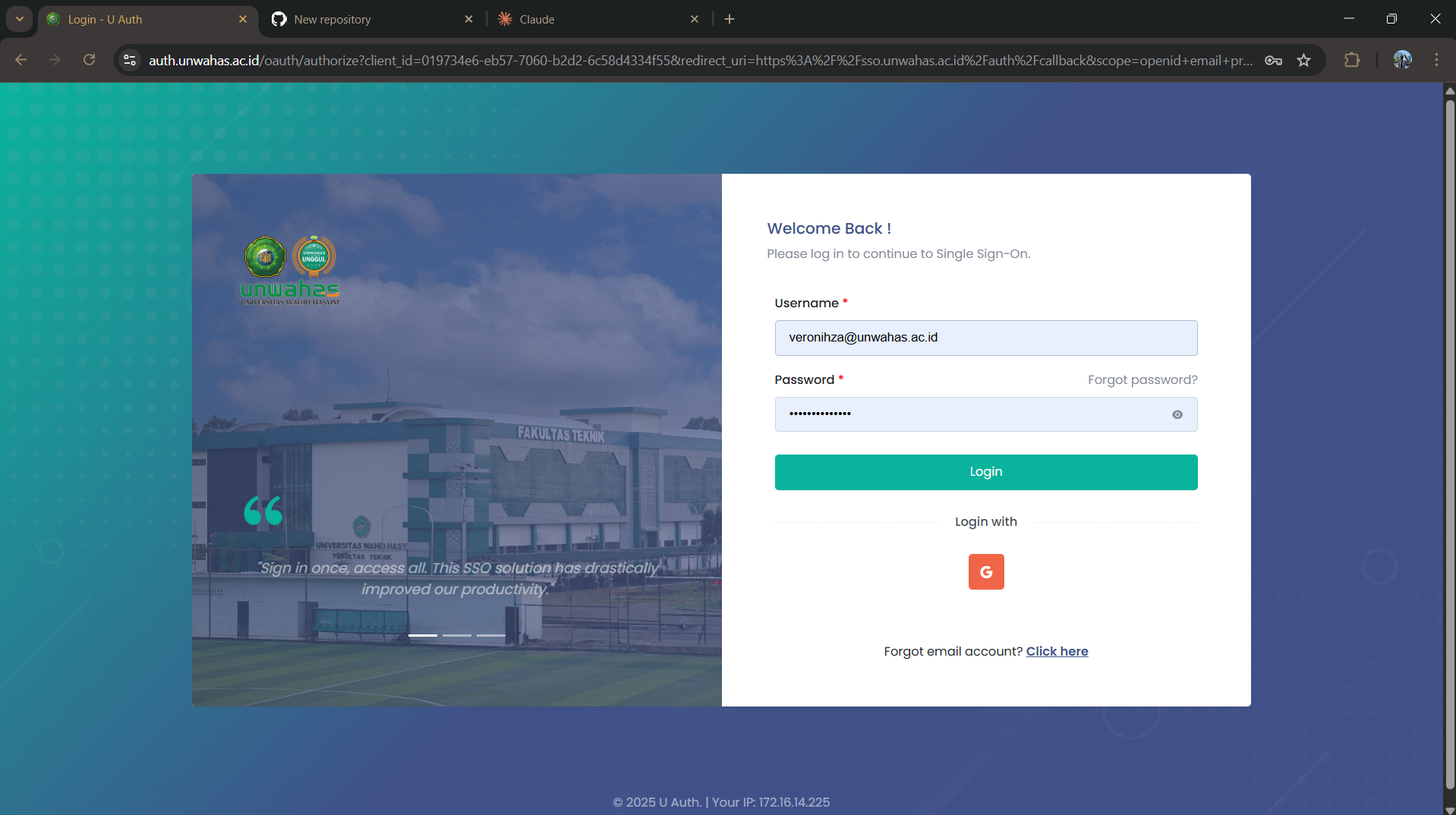 Halaman Login SSO Unwahas