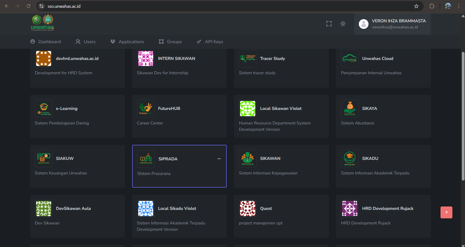 Dashboard SSO dengan Daftar Aplikasi