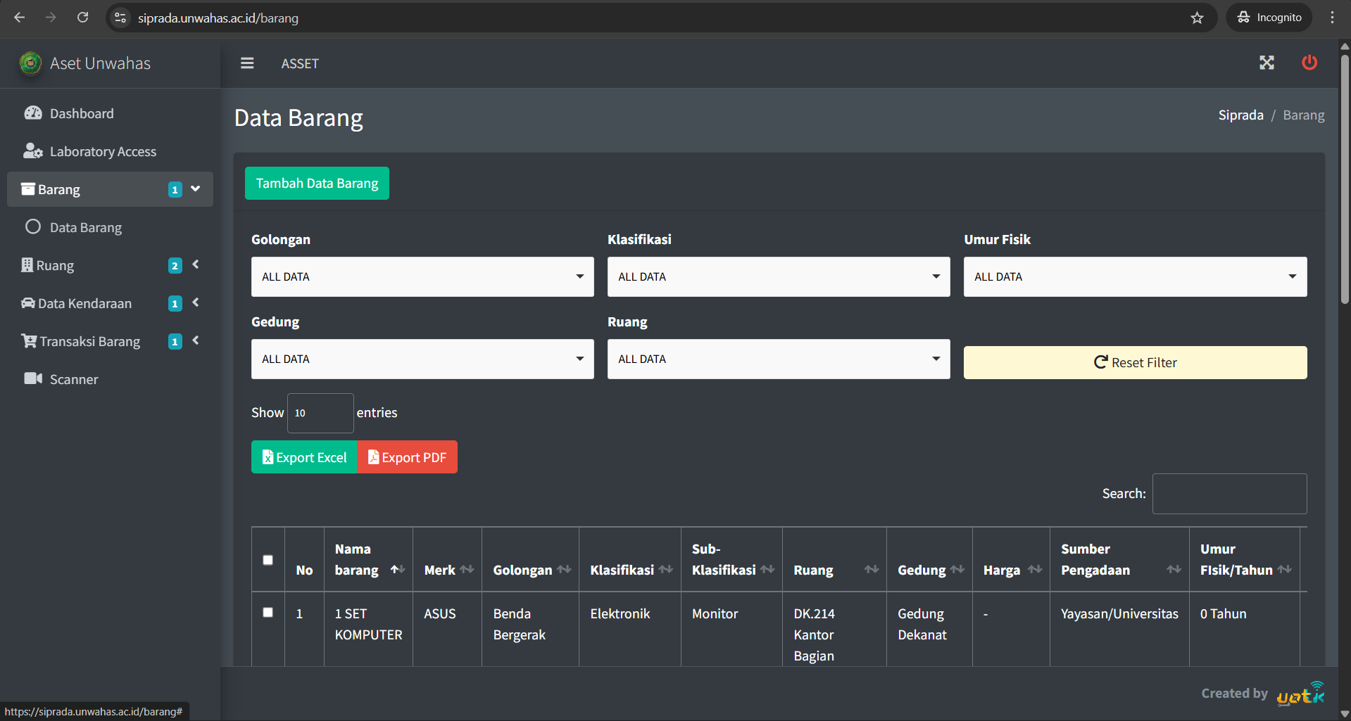Halaman Data Barang dengan Tombol Tambah