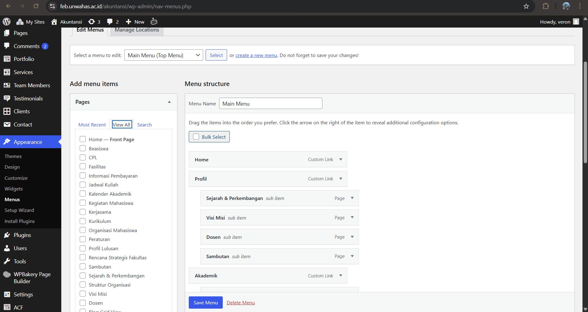 Tampilan Appearance Menus